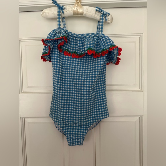 Mini Boden Other - Mini Boden Blue and White seersucker cherry detail Swimsuit